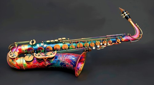 A colorful saxophone is displayed on a wall, AI generated