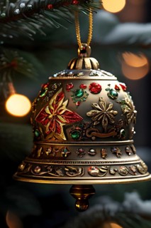 Vintage Christmas bell ornament hanging on a snow-dusted evergreen branch, capturing the intricate