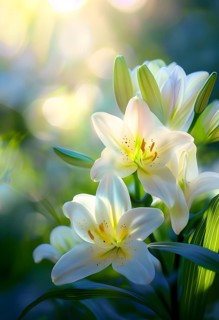 Blooming Easter lilies with soft white petals and a yellow center, bathed in gentle sunlight, AI