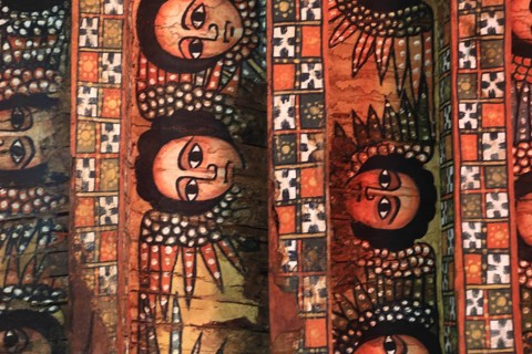 Amhara region, near Gondar, Gonder, church ceiling with angel heads and cross ornaments in the