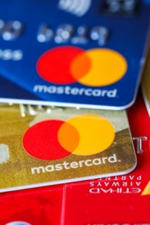 Credit cards from Mastercard to pay as background in Stuttgart, Germany, Europe
