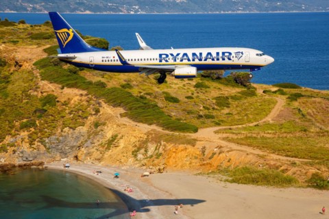 A Ryanair Boeing 737-800 aircraft with registration 9H-QEJ at Skiathos Airport, Greece, Europe