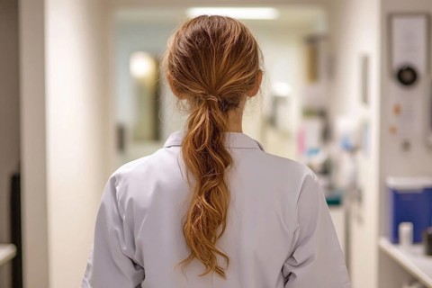 Back view of female doctor wearing lab coat in hospital. Generative Ai, AI generated