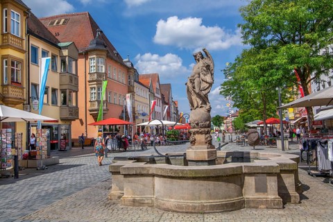 Hercules Fountain in the Maximilianstrasse pedestrian zone in the Old Town, Bayreuth, Upper