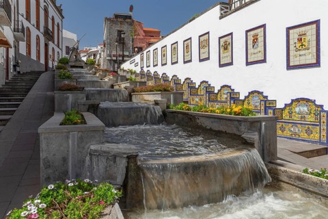 Ceramic benches at water stairs Paseo de Canarias, Firgas, Gran Canaria, Canary Islands, Spain,