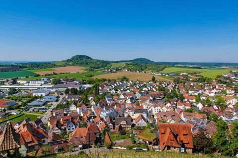 View of small town, houses, roofs, Hohenbeilstein Castle, hilltop castle, Beilstein, Heilbronn
