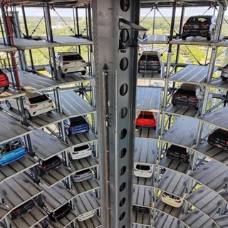 New cars for delivery in the Autoturm, interior view from top to bottom, Autostadt, Volkswagen AG,