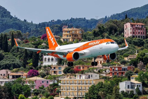 An EasyJet Airbus A320neo aircraft with the registration G-UZHC at Corfu Airport, Greece, Europe
