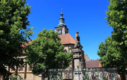 Regiomontanus Fountain on the market square and late Gothic, Evangelical-Lutheran St Mary's Church,