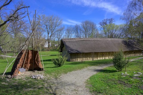 Leather windbreak with fireplace and longhouse, Mamuz Museum, Asparn an der Zaya, Lower Austria,