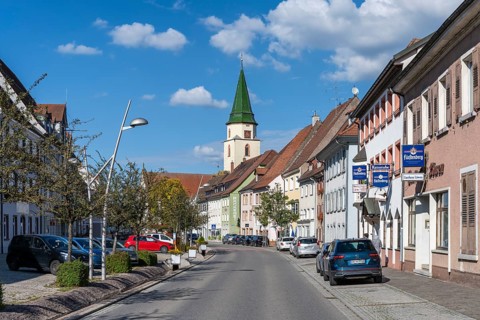 The main road through the town of Hüfingen with the church of St Verena and Gallus, Hüfingen, Black