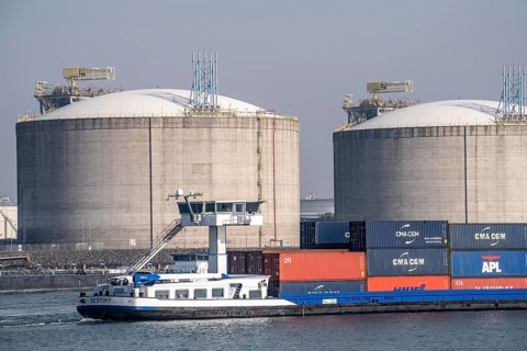 LNG import terminal tanks for liquefied natural gas in the seaport of Rotterdam, Maasvlakte,