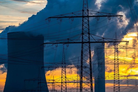Lignite-fired power plant, RWE Power AG Niederaussem power plant, sunset, Bergheim, North
