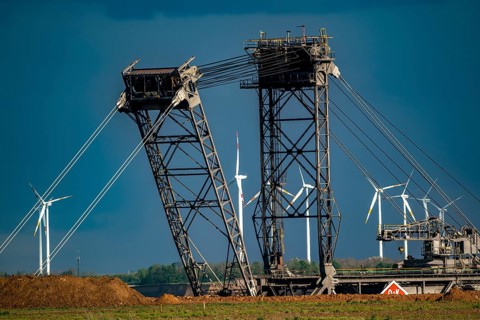 Lignite excavator in the Garzweiler open-cast lignite mine, RWE wind farm, Erkelenz, North