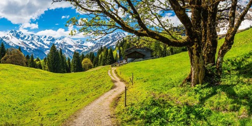Berggasthof Hochleite, behind it the Allgäu Alps, Allgäu, Bavaria, Germany, Europe