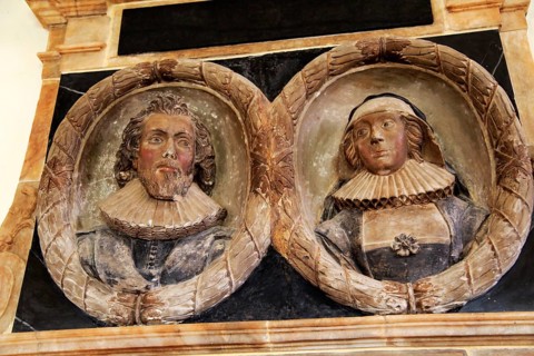 Mid seventeenth century wall monument to William and Avis Alston, Marlesford church, Suffolk,