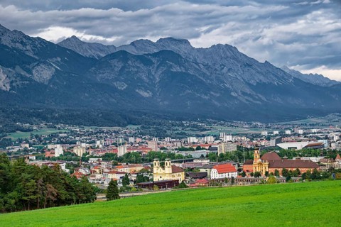View of Innsbruck and the mountains of the Innsbruck Nordkette, Alpine landscape, Innsbruck, Tyrol,