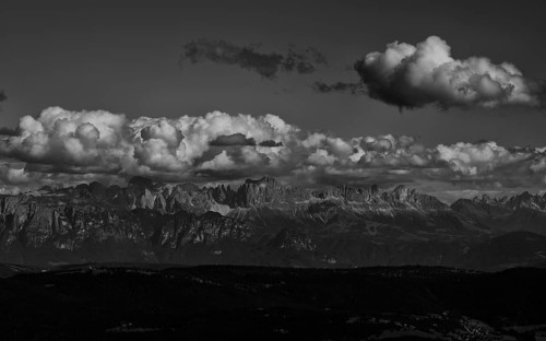 View from the panoramic path on the Vigiljoch to the rose garden mountain range, Dolomites,