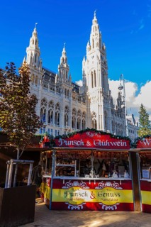 Punch and mulled wine stand at the Christmas market at City Hall, behind the City Hall, Vienna,