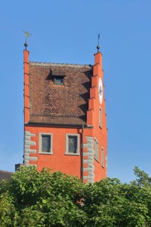 Historic upper gate tower, upper tower, gate tower, red town tower with stepped gable, spire,