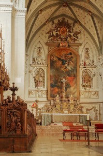 Chancel and choir stalls, Minster, Our Lady, interior view, paintings, decorations, wood carving,