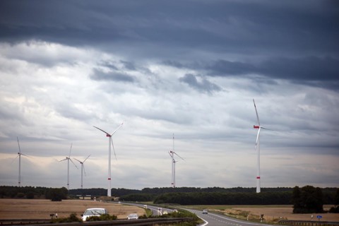 Wind turbines on the A 9 motorway, cloudy sky, Thuringia, Germany, Europe