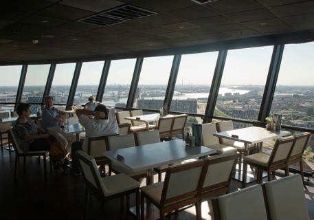 Cafe restaurant with views high above the city from the 185 metre tall Euromast tower, Rotterdam,
