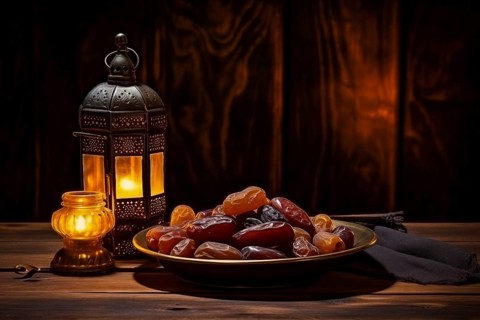 Ramadan lantern with a plate of succulent figs on dark background, set on an ornate table with