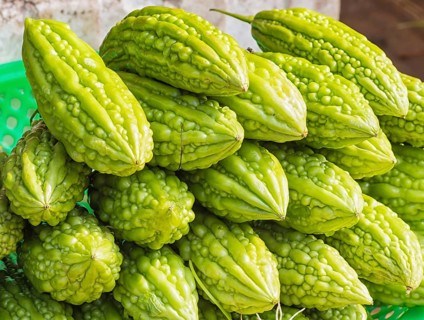 Fresh green momordica on the market