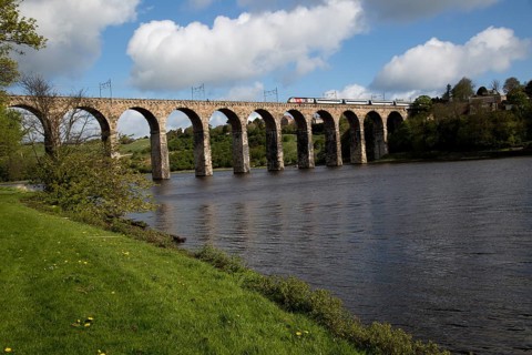 Train railway viaduct crossing River Tweed, Berwick-upon-Tweed, Northumberland, England, UK