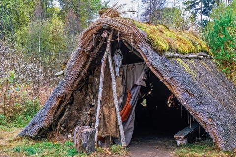 Reconstructed Stone Age hut with thatched roof and benches on an autumn day, Sweden, Europe