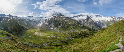 Panorama, Picturesque mountain landscape, Mountain peaks with snow and glacier Schwarzensteinkees,
