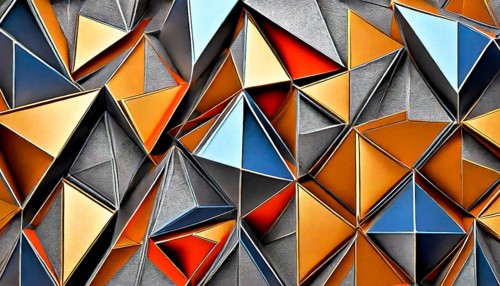 Art object, Artistic digital design art, Triangles coloured in shiny metal look in 3D, AI