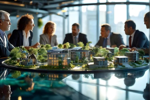 Business professionals engaged with a scale model of a modern solar park adjacent to miniature