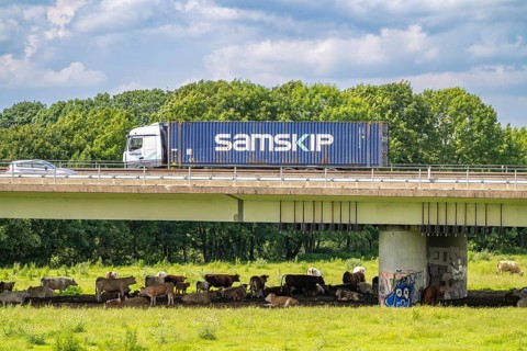 Container lorry on the A40 motorway, bridge over the Ruhr and Styrumer Ruhrauen, herd of cattle,