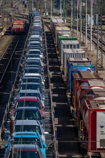 Duisburg-Rheinhausen freight station, at the Logport harbour area, goods trains loaded with new