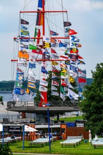 Mühlenweide, flagpole, on the Rhine, Duisburg, North Rhine-Westphalia, Germany, Europe