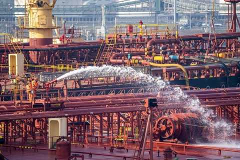 The crude oil tanker HOJO, in the seaport of Rotterdam, in the petroleum harbour, Europoort, ship