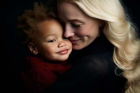Young caucasian woman with blind hair hugging young mixed child with black skin. Concpet for