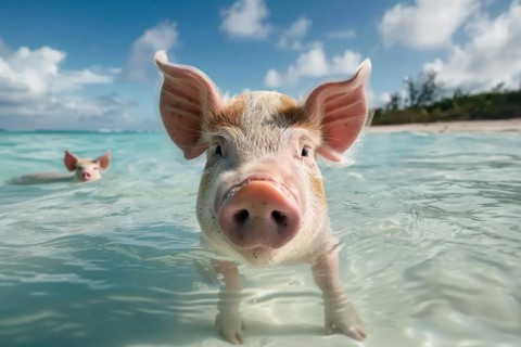 Cute pig swimming in ocean. KI generiert, generiert, AI generated