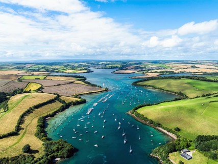 Salcombe and Mill Bay over Kingsbridge Estuary from a drone, Batson Creek, Southpool Creek, Devon,