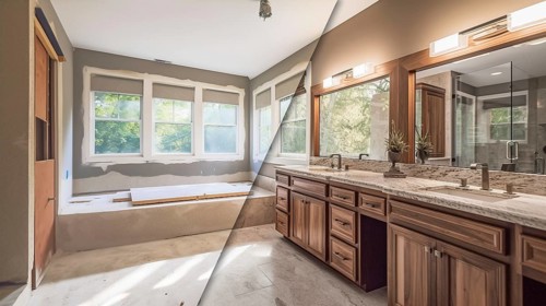 Luxurious custom bathroom upgrade interior before and after construction, generative AI, AI