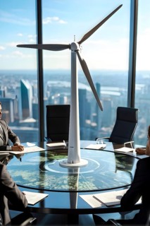 Business professionals engaged with a scale model of a wind turbine adjacent to miniature houses,