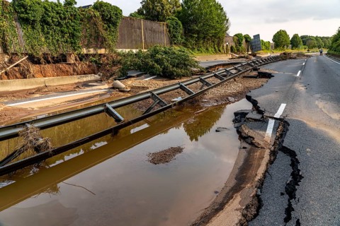Flood on the Erft, here the federal road B265 destroyed by the water, Erftstadt, North
