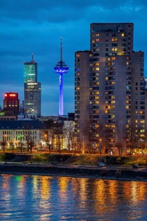 Skyline of Cologne, with the Colonius television tower, skyscrapers, on the Rhine, North