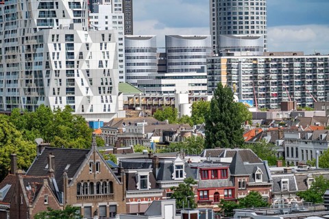 The skyline of Rotterdam, city centre, buildings around the Delftse Poort, Netherlands