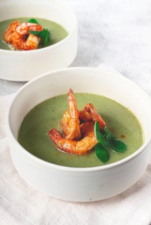 Pea cream soup, with shrimp, green soup, homemade, top view, no people