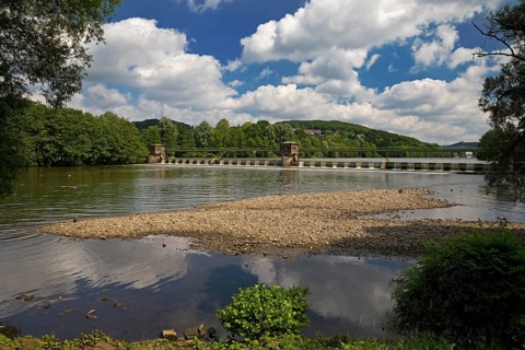 Barrage at the Stiftsmühle run-of-river power station, confluence of the Ruhr and Volme rivers,