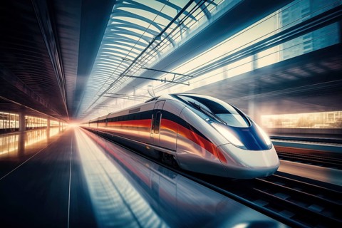 Modern high speed train in a futuristic train station. Modern transportation technology, speed,
