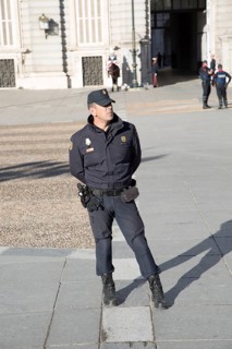 Police and soldiers in front of Palacio Real royal palace, Madrid, Spain, Europe